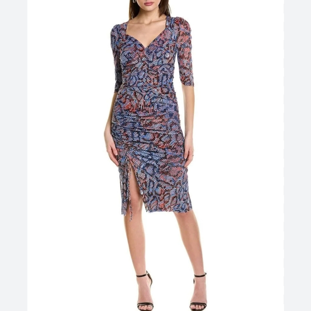 Diane Von Furstenberg Michael Dress Blue Blk Coral Midi Rouched Skirt